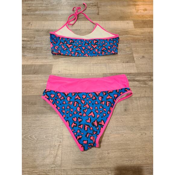 Unknown brand medium womens pink and blue leopard print two piece swimsuit - Picture 2 of 3